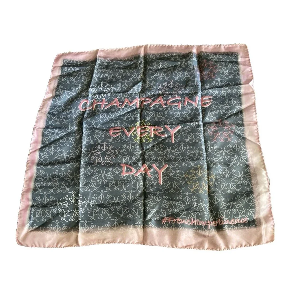 NICOLAS FEUILLATTE FRANCE CHAMPAGNE 100% SILK SCARF GRAY PINK LOGO SQUARE RARE